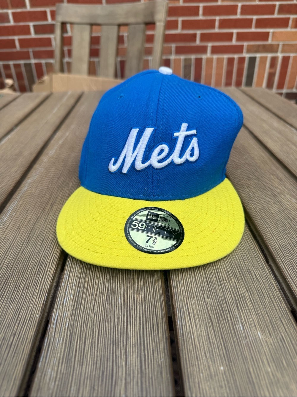 New Era 59FIFTY New York Mets Fitted Hat Blue Yellow Size 7 3/8 MLB Cap